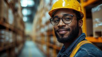 A man in a hard hat and glasses stands in a warehouse filled with shelves of boxes. He smiles while surrounded by inventory awaiting sorting and distribution. photo