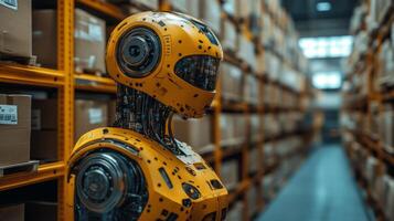 A robotic assistant stands in a warehouse aisle filled with stacked boxes, optimizing inventory management and supporting distribution tasks within the logistics sector. photo