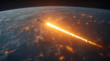 The rocket propels vigorously as it ascends from Earth, trailing a fiery plume against the backdrop of a night sky filled with city lights, signaling a successful launch. photo