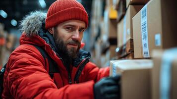 A warehouse worker with a red beanie and jacket sorts through stacked boxes, diligently managing inventory in a busy logistics center. photo
