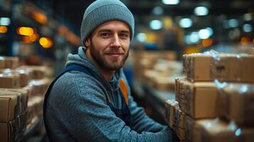 A diligent worker smiles while arranging boxes in a warehouse focused on logistics and inventory management. The environment is busy with sorting and fulfillment activities. photo