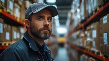 A warehouse employee with a beard and cap is assessing boxes on shelves in a logistics center. The environment is filled with organized inventory ready for distribution. photo