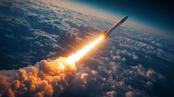 A rocket successfully lifts off into the sky, igniting its powerful engines and leaving behind a trail of smoke and fire as it ascends through cloud layers, aiming for orbit. photo