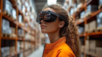 A worker in a bright orange uniform utilizes advanced smart glasses while navigating through a well organized warehouse filled with shelves of inventory, optimizing sorting and fulfillment tasks. photo