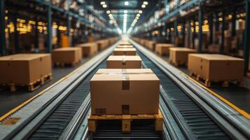Cardboard boxes are neatly arranged on conveyor belts in a spacious warehouse, as workers manage inventory and ensure efficient processing in the logistics hub. photo