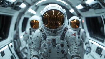 Three astronauts in advanced spacesuits walk through a high tech spacecraft interior, preparing for an upcoming mission to explore beyond Earth's atmosphere. photo