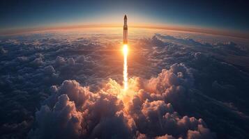Bright flames erupt as a rocket ascends into the sky, piercing through thick clouds and signaling the beginning of a journey into space during the early morning light. photo