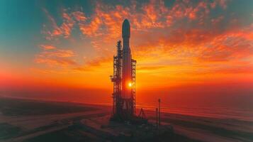 A rocket stands tall on the launch pad against a vibrant sunset sky, preparing for a mission that will take it into orbit. The booster glimmers as the sun sets. photo