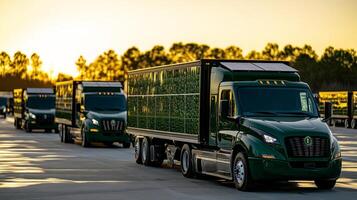 Trucks lined up in a logistics warehouse as the sun sets, poised for distribution of freight and inventory to various destinations in a bustling transport network. photo