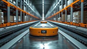 Advanced robotic systems operate within a bustling warehouse, organizing and sorting inventory while optimizing distribution processes in real time. photo