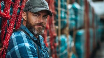 A man in a plaid shirt and cap stands confidently in a logistics warehouse. He is surrounded by neatly stacked storage materials and preparation for distribution, reflecting a busy work environment. photo