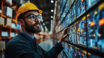 A warehouse worker wearing a hard hat and glasses examines digital inventory screens in a logistics hub. Focus is on optimizing storage and distribution during a peak activity period. photo
