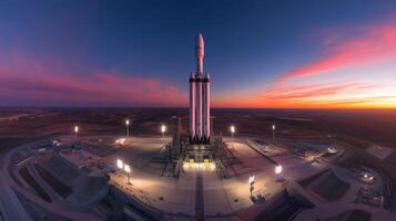 A rocket stands ready for launch at dawn, surrounded by infrastructure that supports its propulsion and recovery operations, under a colorful sky filled with morning light. photo