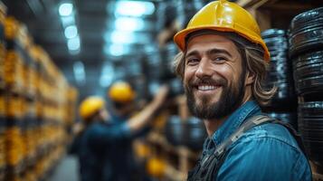 Staff members actively engage in inventory management within a spacious logistics center, surrounded by stacked cargo and storage systems in a busy environment. photo