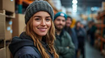 A staff member in a warehouse is smiling while engaged in inventory tasks. Colleagues are visible in the background, contributing to the logistics operations. photo