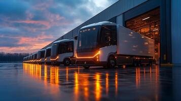 Electric trucks are lined up outside a logistics warehouse as the sun sets, preparing for freight loading. The bright lights illuminate the wet surface, enhancing the evening atmosphere. photo
