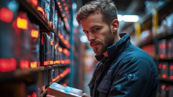 Logistics expert inspects a package while surrounded by organized shelves of inventory in a well lit warehouse during evening operations focused on sorting and fulfillment tasks. photo