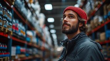 A person stands thoughtfully in an expansive warehouse, observing inventory on the high shelves. Various items are neatly organized for efficient logistics and distribution. photo