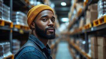 A man wearing a beanie stands confidently in a warehouse aisle surrounded by stacked boxes, engaged in tasks related to inventory management and sorting. photo