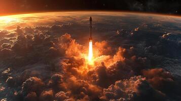 A rocket ascends into the sky, emitting bright flames as it breaks through clouds, demonstrating advanced propulsion for spaceflight and reentry recovery. photo