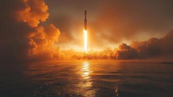 A rocket ascends into the sky at sunset, leaving a bright trail. The ocean reflects golden hues while clouds surround the launch, illustrating the power of space travel. photo
