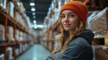 A focused individual in a vibrant orange beanie oversees various tasks in a large warehouse environment, interacting with stored goods and maintaining organization during busy hours. photo