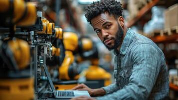 Focused technician operates a laptop amidst advanced robotic systems in a bustling logistics warehouse dedicated to optimizing inventory and distribution operations. photo