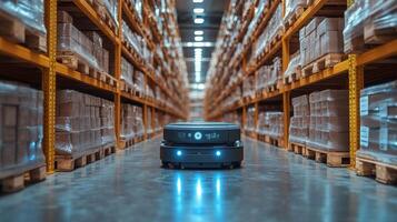 A robot navigates through a well organized warehouse aisle filled with boxes on pallets, optimizing the sorting and fulfillment of inventory during daylight hours. photo