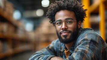 A logistics employee sits in a warehouse, thinking about efficient inventory management and distribution processes while surrounded by shelves filled with cargo. photo
