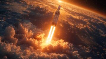 A rocket ascends through atmospheric clouds, leaving a trail of flame and smoke, while the sun rises in the background, marking a significant moment in space exploration and technology. photo