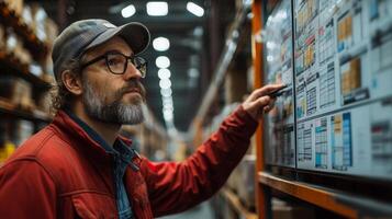 A warehouse employee inspects the inventory management system on a large display board, ensuring accurate tracking of stock in a busy logistics environment. photo