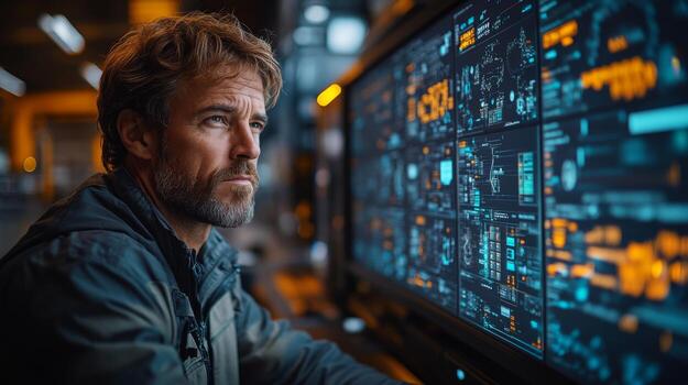 A logistics professional studies comprehensive data on multiple screens, focusing on inventory management and distribution strategies in a bustling warehouse setting during daytime hours. photo