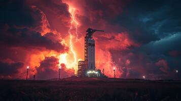 Bright lightning illuminates the skies as a rocket stands poised for launch, highlighting the intricate design and engineering of modern aerospace technology in turbulent weather. photo