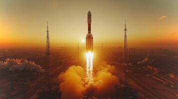 A rocket is launching into the sky at dawn, emanating flames and smoke from its boosters while ascending towards orbit, showcasing advancements in space travel and technology. photo