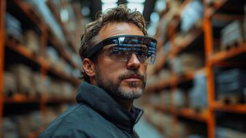 In a busy warehouse, a worker equipped with augmented reality glasses is engaged in inventory management. The environment features organized shelves filled with products for distribution. photo