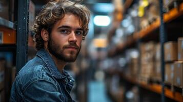 A young man with curly hair sits on a shelf in a warehouse. He looks thoughtful while surrounded by rows of organized boxes. The atmosphere indicates a busy logistics hub. photo