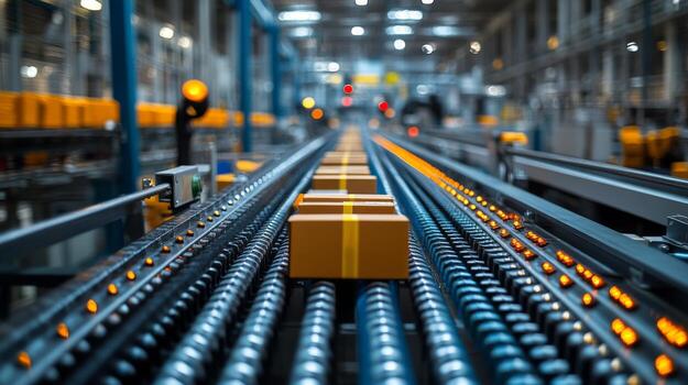 Rows of brightly colored boxes move along a conveyor belt in a busy warehouse, showcasing the sorting and fulfillment operations essential to logistics and distribution. photo