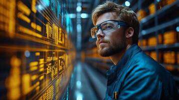 A warehouse worker is focused on reviewing essential inventory information displayed on a high tech screen while surrounded by organized shelves of stock in a logistics environment. photo