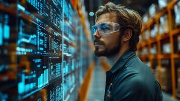 A warehouse worker reviews logistics data on a digital screen while managing inventory in a well organized distribution center. Advanced technology is utilized for efficiency. photo