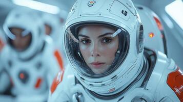 An astronaut, equipped with advanced gear, is focused and ready for an important mission. The sophisticated environment highlights the blend of technology and human determination in space exploration. photo