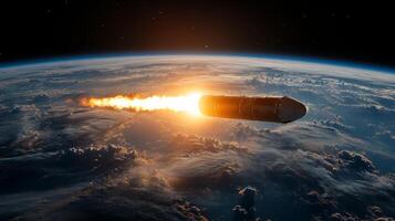Rocket is propelling through the atmosphere, generating bright exhaust flames. The scene showcases the curvature of Earth, highlighting the propulsion during the launch phase. photo