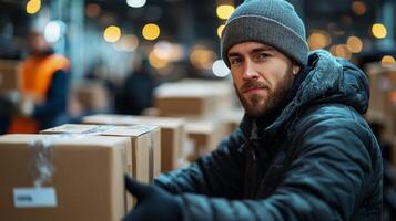 A worker sorts through various cardboard boxes in a bustling warehouse. The environment is illuminated with warm lights, highlighting the importance of logistics and inventory management. photo