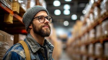A warehouse worker is engaged in thoughtful reflection while surrounded by shelves filled with packaged goods in a bustling logistics center focused on inventory and storage operations. photo
