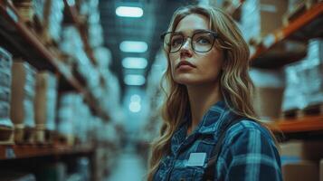 In a spacious warehouse, a female worker inspects stock on shelves while planning logistics for efficient distribution. The facility is well lit and orderly with rows of inventory. photo
