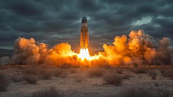 Vibrant flames and smoke erupt from engines as a large rocket ascends from its launch site. Dark clouds loom overhead, adding intensity to the dramatic event in an arid landscape. photo