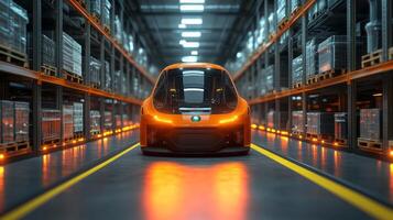 An automated vehicle moves along a well organized aisle in a modern logistics warehouse, efficiently transporting goods for streamlined inventory and distribution processes. photo