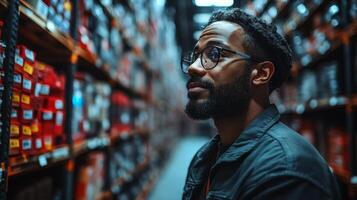A focused individual examines inventory within a well organized warehouse filled with shelves stocked with various products. The atmosphere reflects an efficient logistical operation. photo