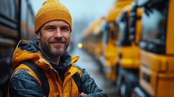 A confident logistics worker stands proudly near several yellow trucks in a busy distribution hub. The atmosphere is rainy, adding a dynamic feel to the environment. photo
