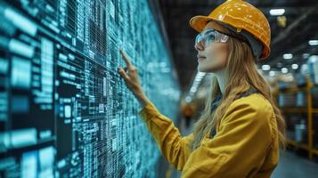 A warehouse worker in safety gear interacts with digital inventory systems on a screen, optimizing logistics and fulfillment tasks in a busy distribution hub during the day. photo