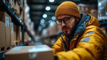 A man wearing glasses and a yellow beanie organizes cardboard boxes on a shelf in a busy warehouse, highlighting the efficient sorting and fulfillment process of inventory storage. photo